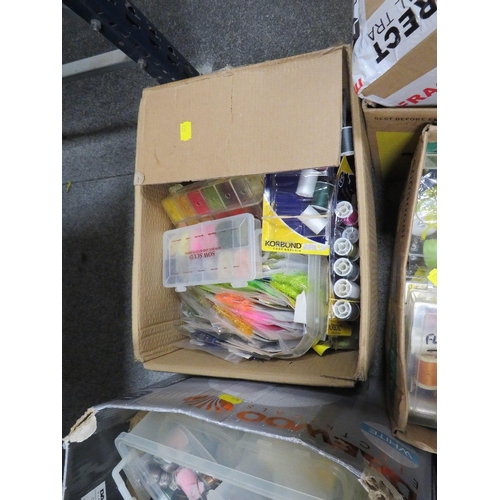 176 - FOUR TRAYS OF FISHING, FLY TYING EQUIPMENT, ACCESSORIES ETC