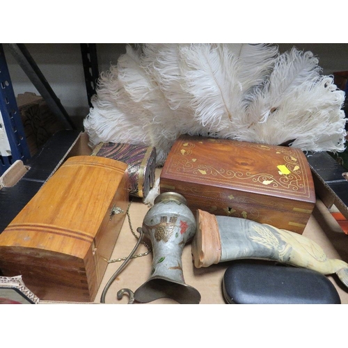 187 - TWO TRAYS OF COLLECTABLES TO INCLUDE WHISKY AND BEER ADVERTISING ITEMS, TREEN BOXES, VINTAGE FEATHER... 