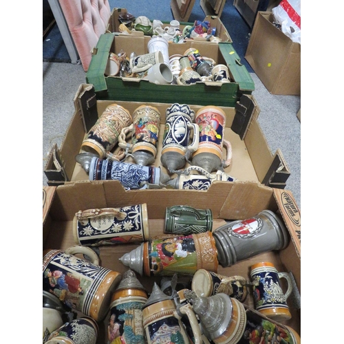 188 - A LARGE COLLECTION OF ASSORTED BEER STEINS, TOBY AND CHARACTER JUGS OVER FOUR TRAYS