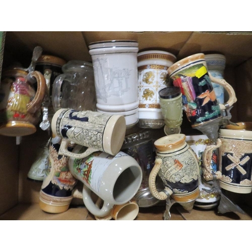 188 - A LARGE COLLECTION OF ASSORTED BEER STEINS, TOBY AND CHARACTER JUGS OVER FOUR TRAYS