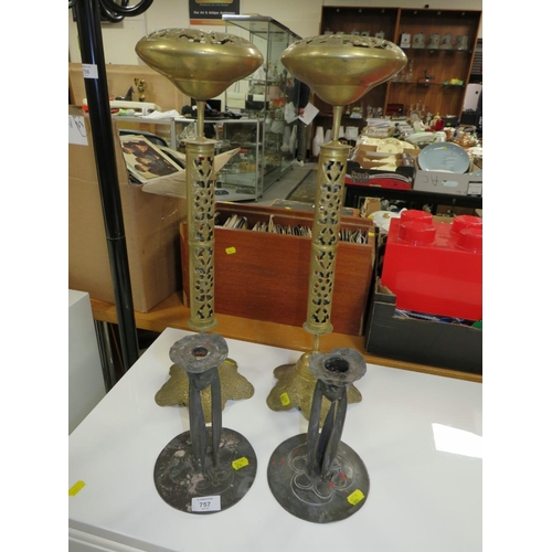 757 - A PAIR OF PEWTER ART NOUVEAU CANDLESTICKS & A LARGE PAIR OF BRASS ASHTRAYS