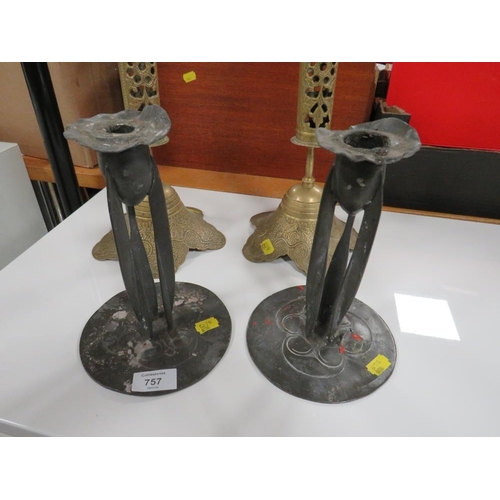 757 - A PAIR OF PEWTER ART NOUVEAU CANDLESTICKS & A LARGE PAIR OF BRASS ASHTRAYS