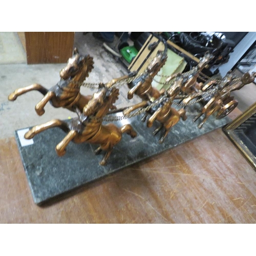 76 - LARGE ROMAN STYLE COPPER CHARIOT ON MARBLE BASE