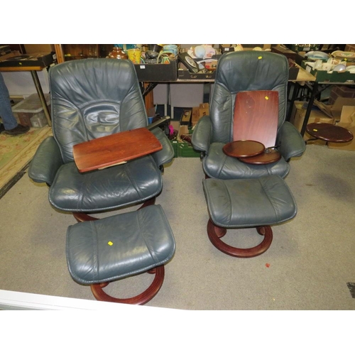 760 - A PAIR OF EKORNES STRESSLESS ARMCHAIRS AND STOOLS WITH READING STANDS A/F