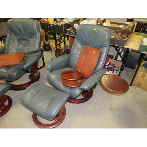 760 - A PAIR OF EKORNES STRESSLESS ARMCHAIRS AND STOOLS WITH READING STANDS A/F