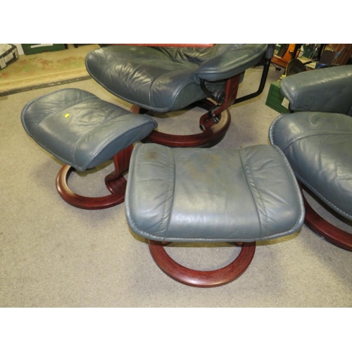 760 - A PAIR OF EKORNES STRESSLESS ARMCHAIRS AND STOOLS WITH READING STANDS A/F