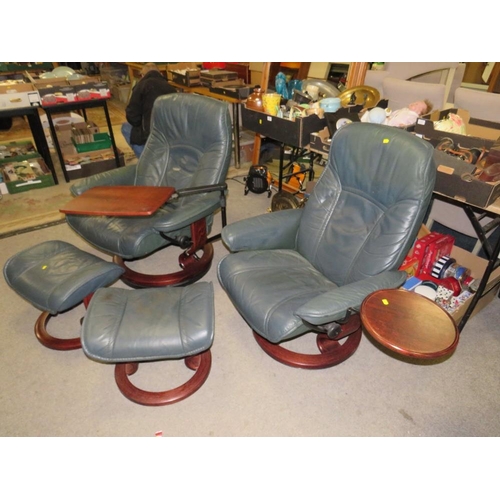 760 - A PAIR OF EKORNES STRESSLESS ARMCHAIRS AND STOOLS WITH READING STANDS A/F