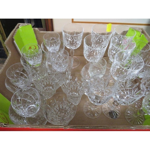 77 - TWO SMALL TRAYS OF CUT GLASS TOGETHER WITH A SMALL TRAY OF GILDED COFFEE WARE