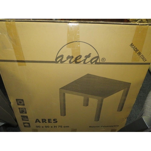 773 - FIVE MODERN STACKING PATIO CHAIRS WITH A BOXED 'ARES' TABLE