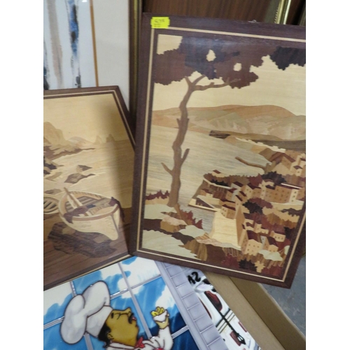 78 - TWO CERAMIC TILE PICTURE PLAQUES TOGETHER WITH TWO MARQUETRY PICTURES