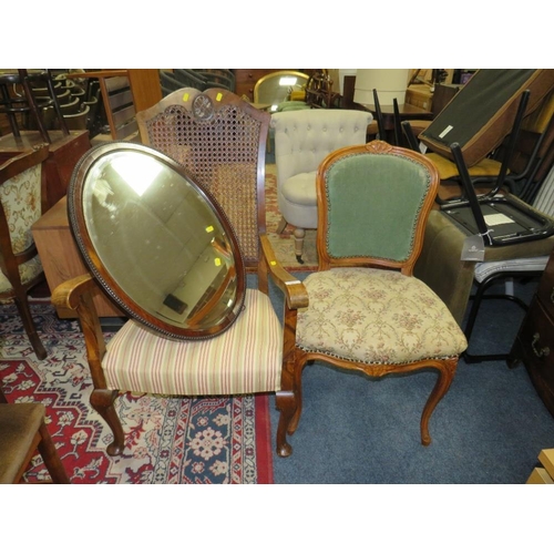 791 - A VINTAGE BERGERE ARMCHAIR, BEDROOM CHAIR & OVAL MIRROR (3)