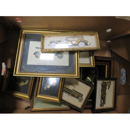 80 - A TRAY OF NOVELTY FRAMED CAR PICTURES MADE FROM WATCH PARTS