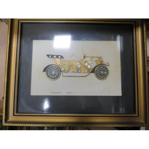 80 - A TRAY OF NOVELTY FRAMED CAR PICTURES MADE FROM WATCH PARTS