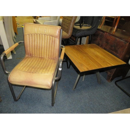 807 - A MODERN TAN LEATHER ARMCHAIR & LOW TABLE (2)