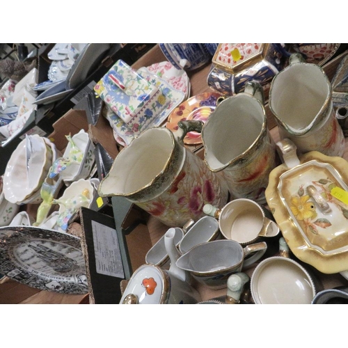 81 - THREE TRAYS OF ASSORTED CERAMICS TO INCLUDE GRADUATING JUGS, RINGTONS JUG ETC