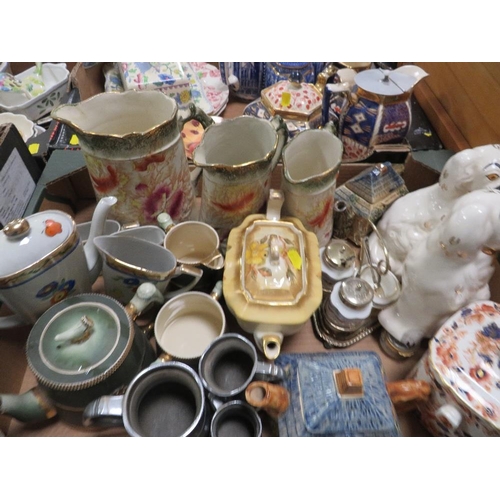 81 - THREE TRAYS OF ASSORTED CERAMICS TO INCLUDE GRADUATING JUGS, RINGTONS JUG ETC