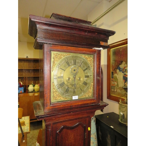 820 - AN ANTIQUE OAK CASED BRASS FACED LONGCASE CLOCK BY MATTHEW BURNETT - TWO WEIGHTS, PENDULUM, FACE 12