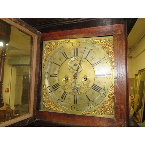 820 - AN ANTIQUE OAK CASED BRASS FACED LONGCASE CLOCK BY MATTHEW BURNETT - TWO WEIGHTS, PENDULUM, FACE 12