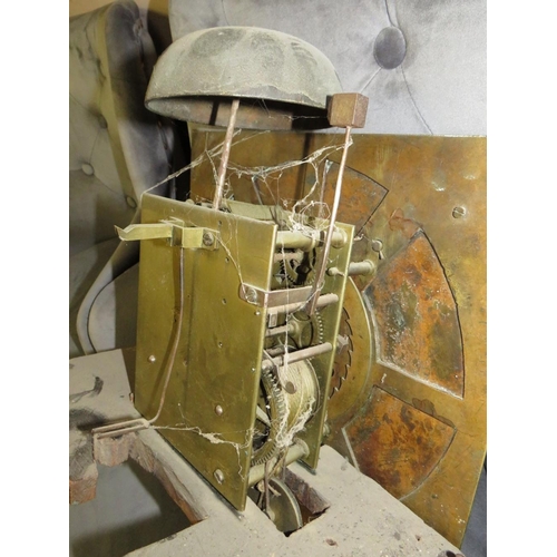 820 - AN ANTIQUE OAK CASED BRASS FACED LONGCASE CLOCK BY MATTHEW BURNETT - TWO WEIGHTS, PENDULUM, FACE 12