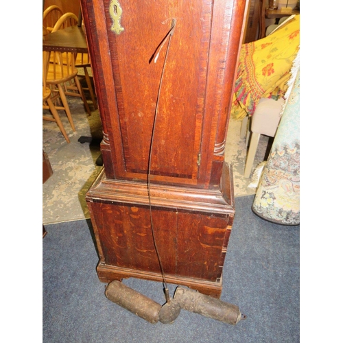 820 - AN ANTIQUE OAK CASED BRASS FACED LONGCASE CLOCK BY MATTHEW BURNETT - TWO WEIGHTS, PENDULUM, FACE 12