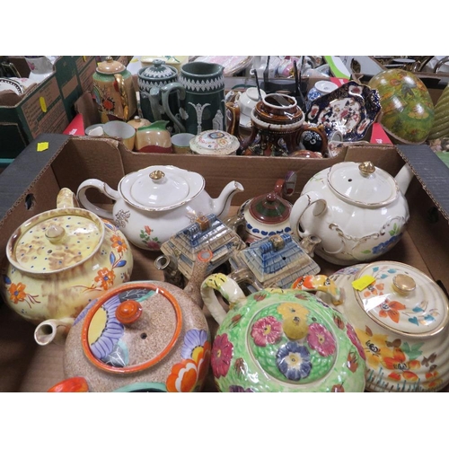 84 - TWO TRAYS OF ASSORTED CERAMICS TEAPOTS ETC TO INCLUDE A BARGE WARE EXAMPLE