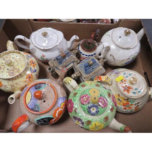 84 - TWO TRAYS OF ASSORTED CERAMICS TEAPOTS ETC TO INCLUDE A BARGE WARE EXAMPLE