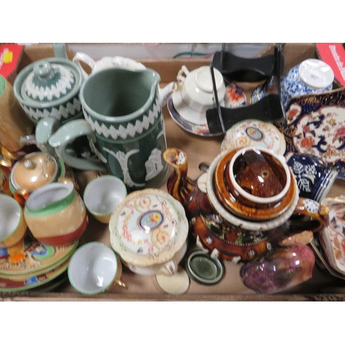 84 - TWO TRAYS OF ASSORTED CERAMICS TEAPOTS ETC TO INCLUDE A BARGE WARE EXAMPLE