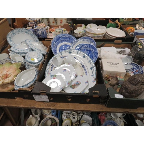 91 - THREE TRAYS OF ASSORTED CERAMICS ETC TO INCLUDE A POOLE POTTERY OWL , CERAMIC MEAT PLATE ETC