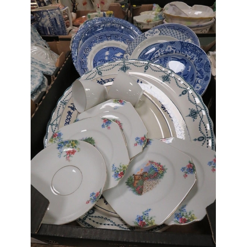 91 - THREE TRAYS OF ASSORTED CERAMICS ETC TO INCLUDE A POOLE POTTERY OWL , CERAMIC MEAT PLATE ETC