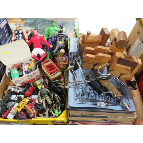 99 - A TRAY OF ASSORTED VINTAGE TOYS TO INCLUDE DIECAST VEHICLES BY CORGI, URSS, ERTL & MATCHBOX,, A FOOT... 