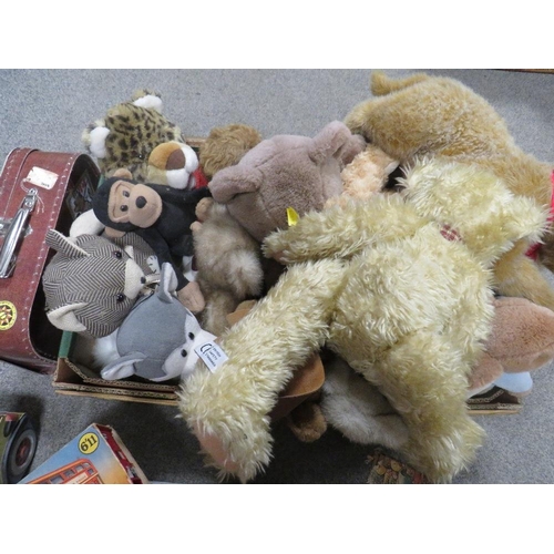 194 - THREE TRAYS OF ASSORTED DOLLS, SOFT TOYS ETC TO INCLUDE A SNOOPY STYLE PULL ALONG DOG