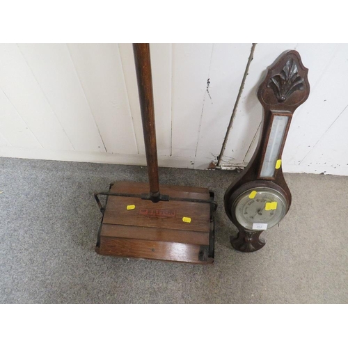 202 - A VINTAGE THE BRITAIN WOODEN PUSH ALONG FLOOR CLEANER TOGETHER WITH A BAROMETER