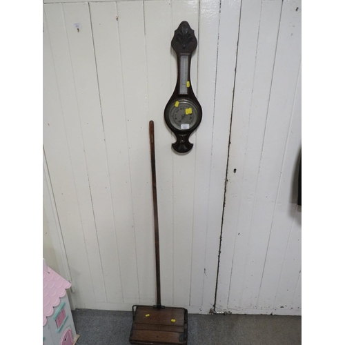 202 - A VINTAGE THE BRITAIN WOODEN PUSH ALONG FLOOR CLEANER TOGETHER WITH A BAROMETER