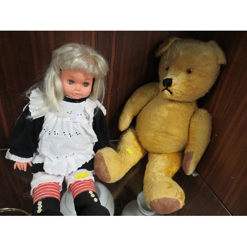 217 - A VINTAGE MOHAIR JOINTED BEAR APPROX HEIGHT 60CM VENDOR ADVISES ORIGINAL HAND  MADE BY A LADY WHO WO... 