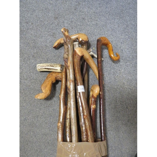 225 - A SELECTION OF TALL WALKING STICKS AND STAFFS