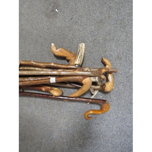 225 - A SELECTION OF TALL WALKING STICKS AND STAFFS