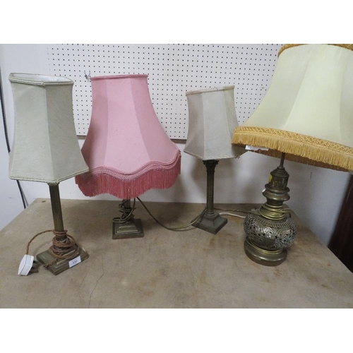 239 - THREE BRASS GRECO ROMAN COLUMN STYLE TABLE LAMPS A/F, TOGETHER WITH A PIERCED BRASS TABLE LAMP (4)