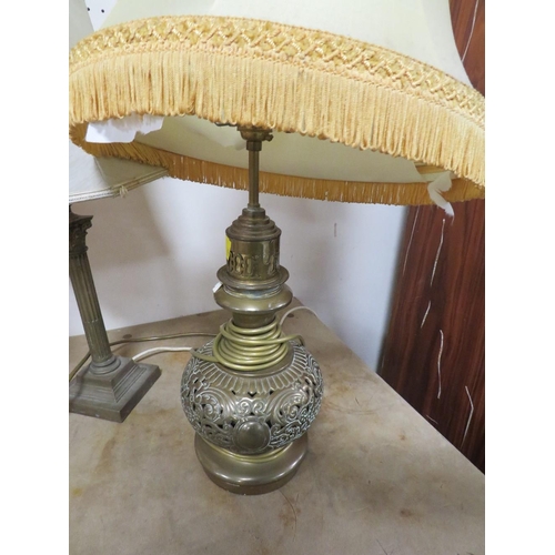 239 - THREE BRASS GRECO ROMAN COLUMN STYLE TABLE LAMPS A/F, TOGETHER WITH A PIERCED BRASS TABLE LAMP (4)