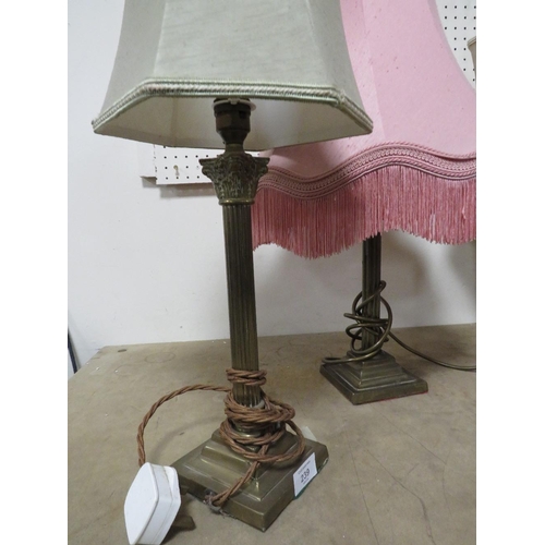 239 - THREE BRASS GRECO ROMAN COLUMN STYLE TABLE LAMPS A/F, TOGETHER WITH A PIERCED BRASS TABLE LAMP (4)