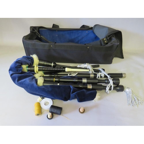 242 - A SET OF LEON HIGHLANDER BAG PIPES, with thistle of Blantyre carry case