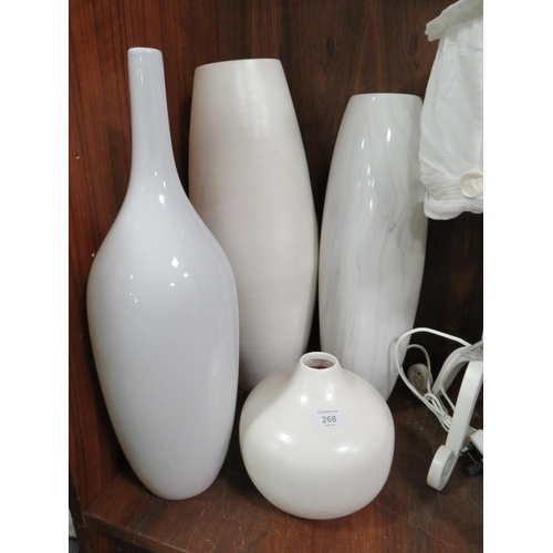 268 - A SELECTION OF MODERN TABLE LAMPS AND VASES ETC