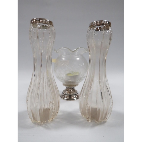 271 - A HALLMARKED SILVER BASED GLASS VASE TOGETHER WITH A PAIR OF HALLMARKED SILVER RIMMED BUD VASES