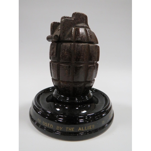 272 - A NOVELTY TREEN BOX IN THE FORM OF A TANK TOGETHER WITH A FIRST WORLD WAR HAND GRENADE INKWELL