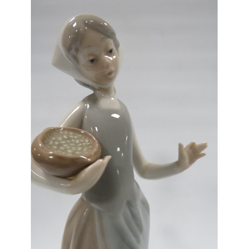 303 - LLADRO LADY AND GOOSE FIGURINE A/F (LADY HAS FINGER MISSING) TOGETHER WITH TWO NAO GOOSE FIGURINE (3... 