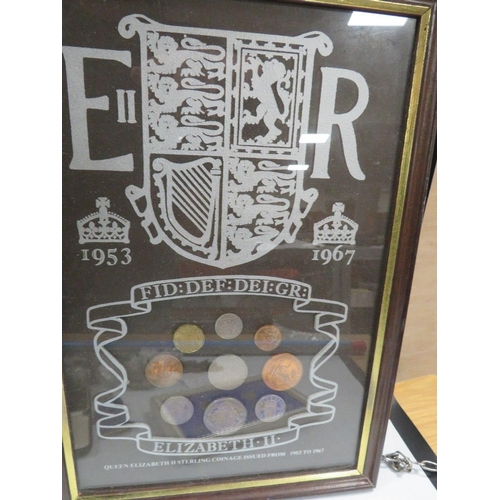 310 - A TRAY OF COLLECTABLE'S TO INCLUDE MEDALLIONS , FRAMED COIN SETS, AND A PAINTED MIRROR