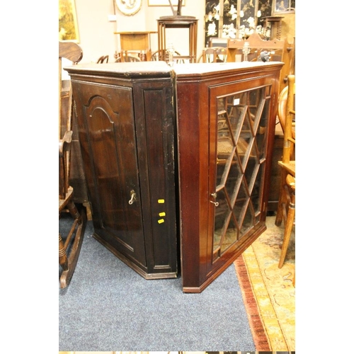 804 - AN ANTIQUE MAHOGANY GLAZED CORNER CABINET TOGETHER WITH AN OAK EXAMPLE  (2)