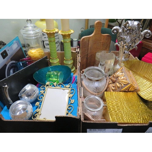 93A - TWO TRAYS OF ASSORTED DECORATIVE HOUSEHOLD ITEMS TO INCLUDE CANDLE HOLDERS, COOK BOOK STAND ETC