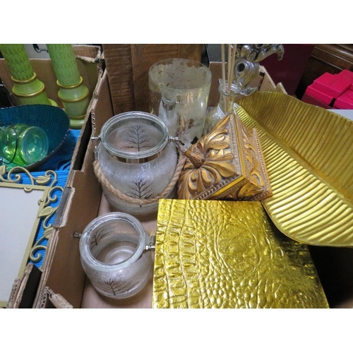 93A - TWO TRAYS OF ASSORTED DECORATIVE HOUSEHOLD ITEMS TO INCLUDE CANDLE HOLDERS, COOK BOOK STAND ETC