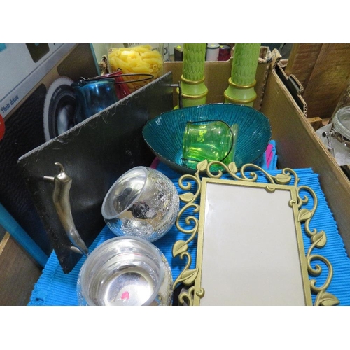 93A - TWO TRAYS OF ASSORTED DECORATIVE HOUSEHOLD ITEMS TO INCLUDE CANDLE HOLDERS, COOK BOOK STAND ETC