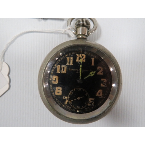 346 - A VINTAGE CARLEY AND CLEMENCE LTD A.1297 MILITARY BLACK DIAL OPEN FACED MANUAL WIND POCKET WATCH WIT... 